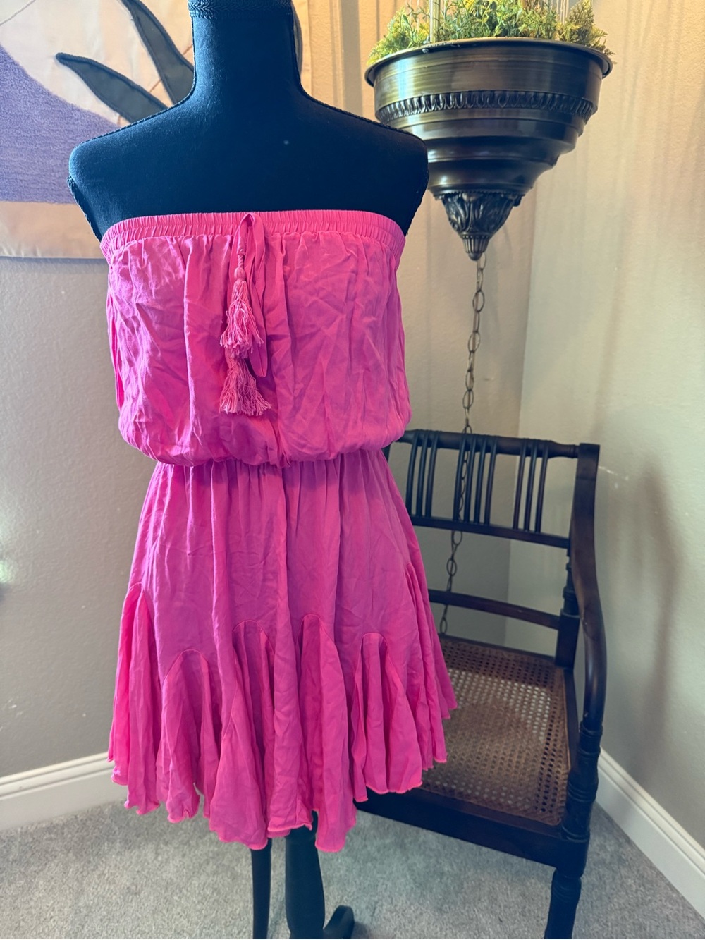 Strapless Tassel Tie Hot Pink mini Sundress